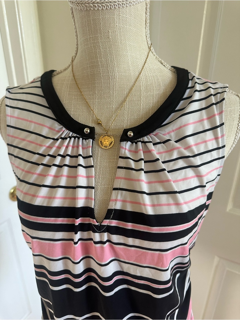 New York & Co. Striped Sleeveless Keyhole Tank Top - Black, Pink & White